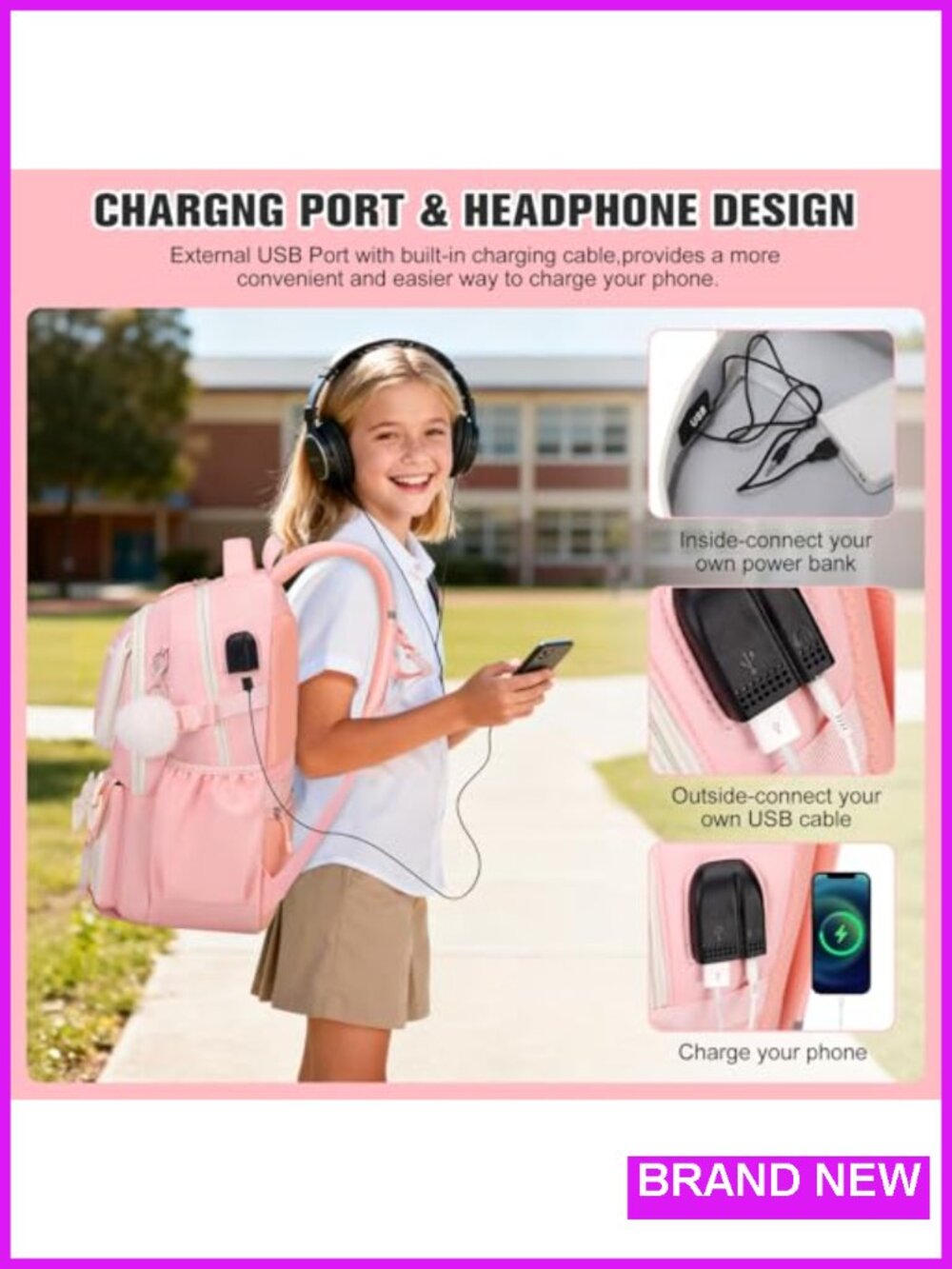 Kids Backpack with Lunch Bag & Pen Case - USB Charging Port - Picture 4 of 5